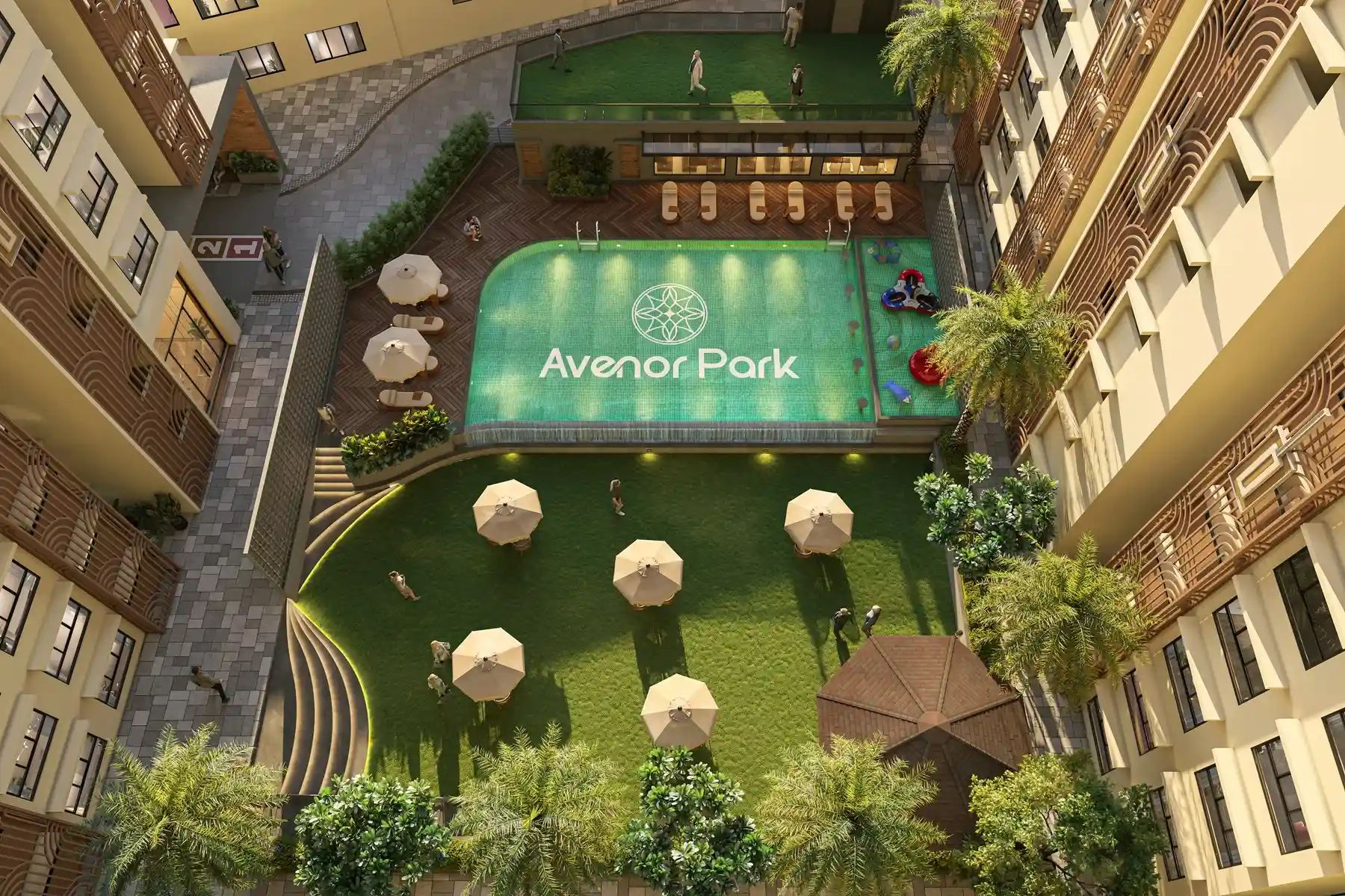 Landscaped central courtyard with a swimming pool at Avenor Park, Kurla West