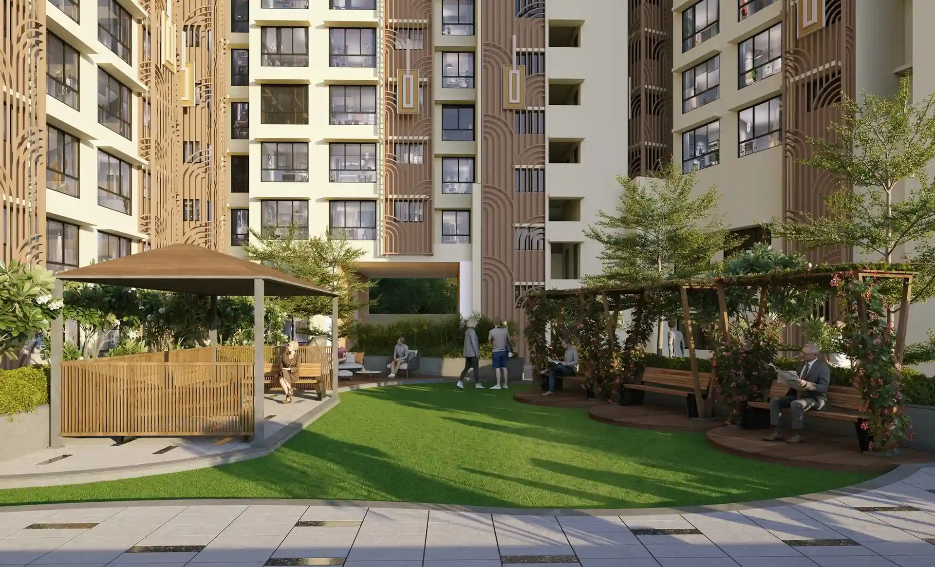 Quiet landscaped meditation courtyard at Avenor Park, Kurla West