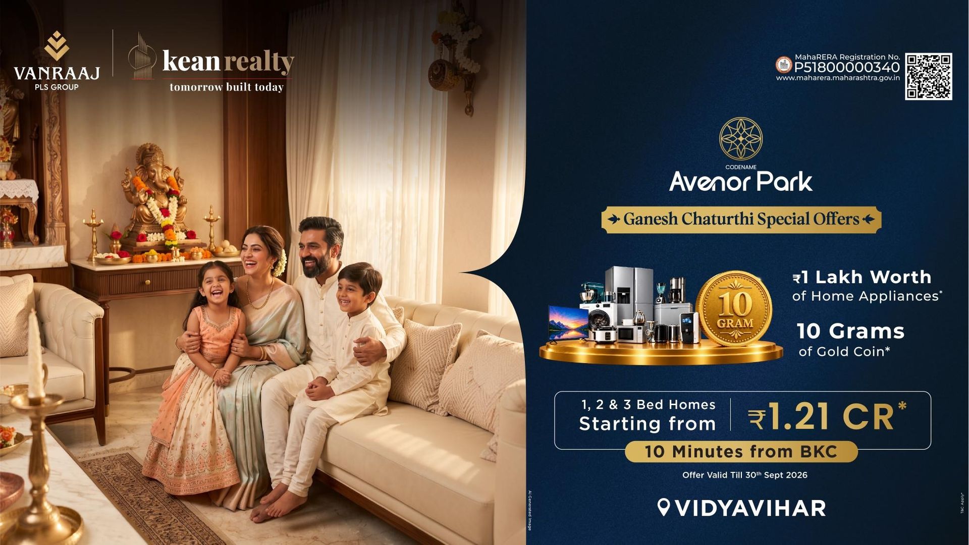 Avenor Park by Vanraaj and Kean Realty — Ganesh Chaturthi offer on 1, 2 and 3 BHK homes 10 minutes from BKC, from 1.21 Cr, a family celebrating at home