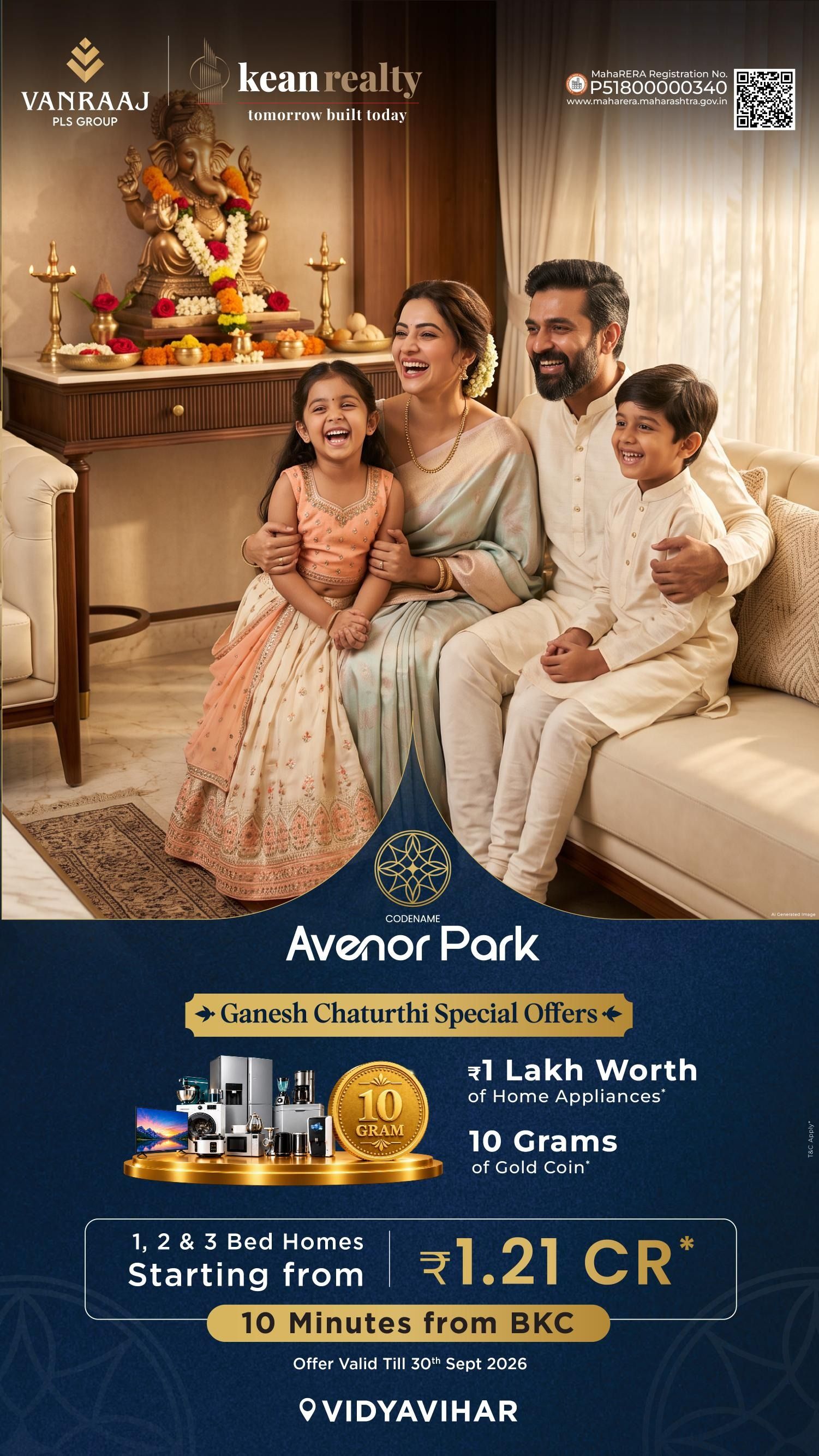 Avenor Park by Vanraaj and Kean Realty — Ganesh Chaturthi offer on 1, 2 and 3 BHK homes 10 minutes from BKC, from 1.21 Cr, a family celebrating at home