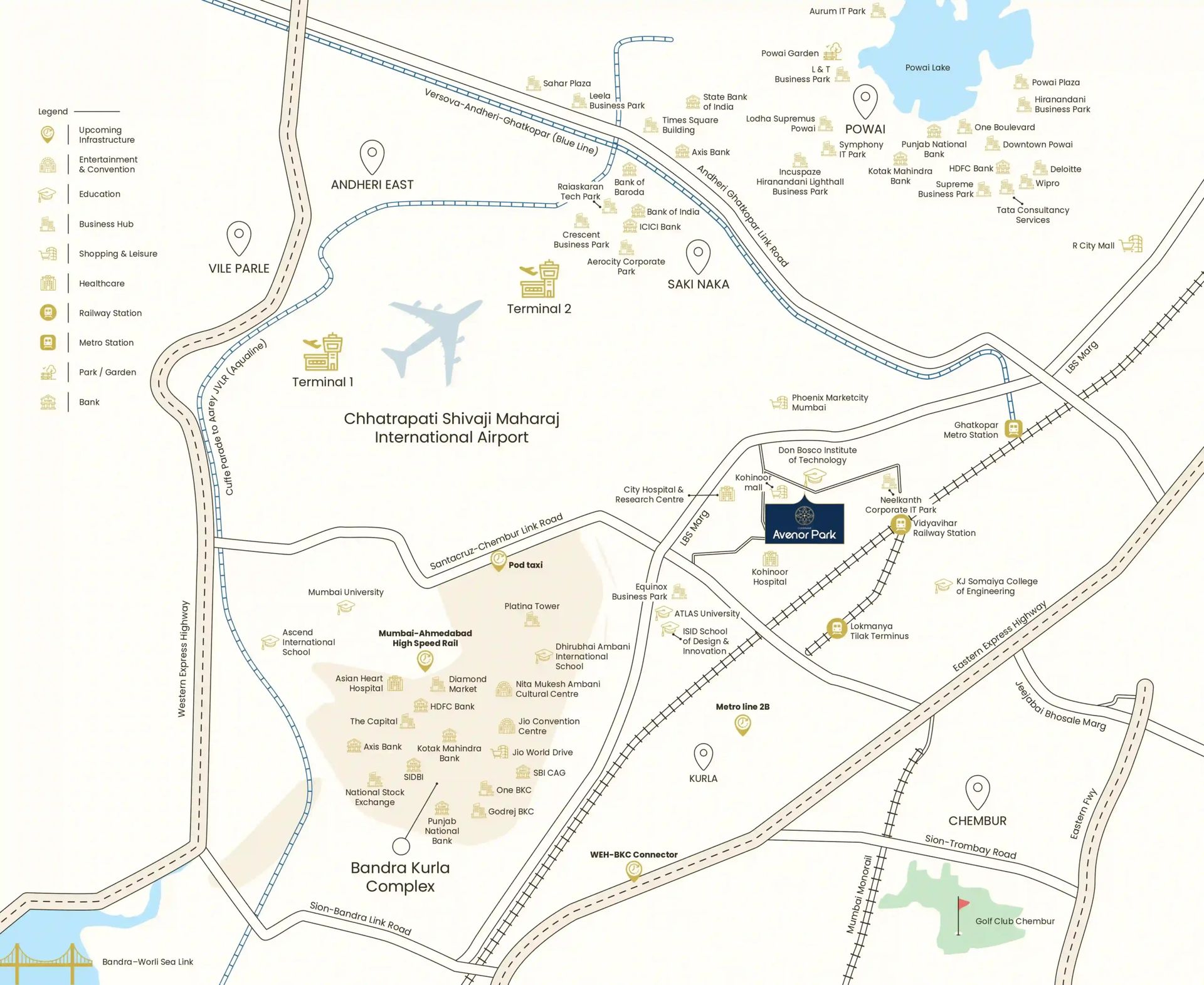 Location map showing Avenor Park in Kurla West with distances to BKC, the airport and nearby railway stations