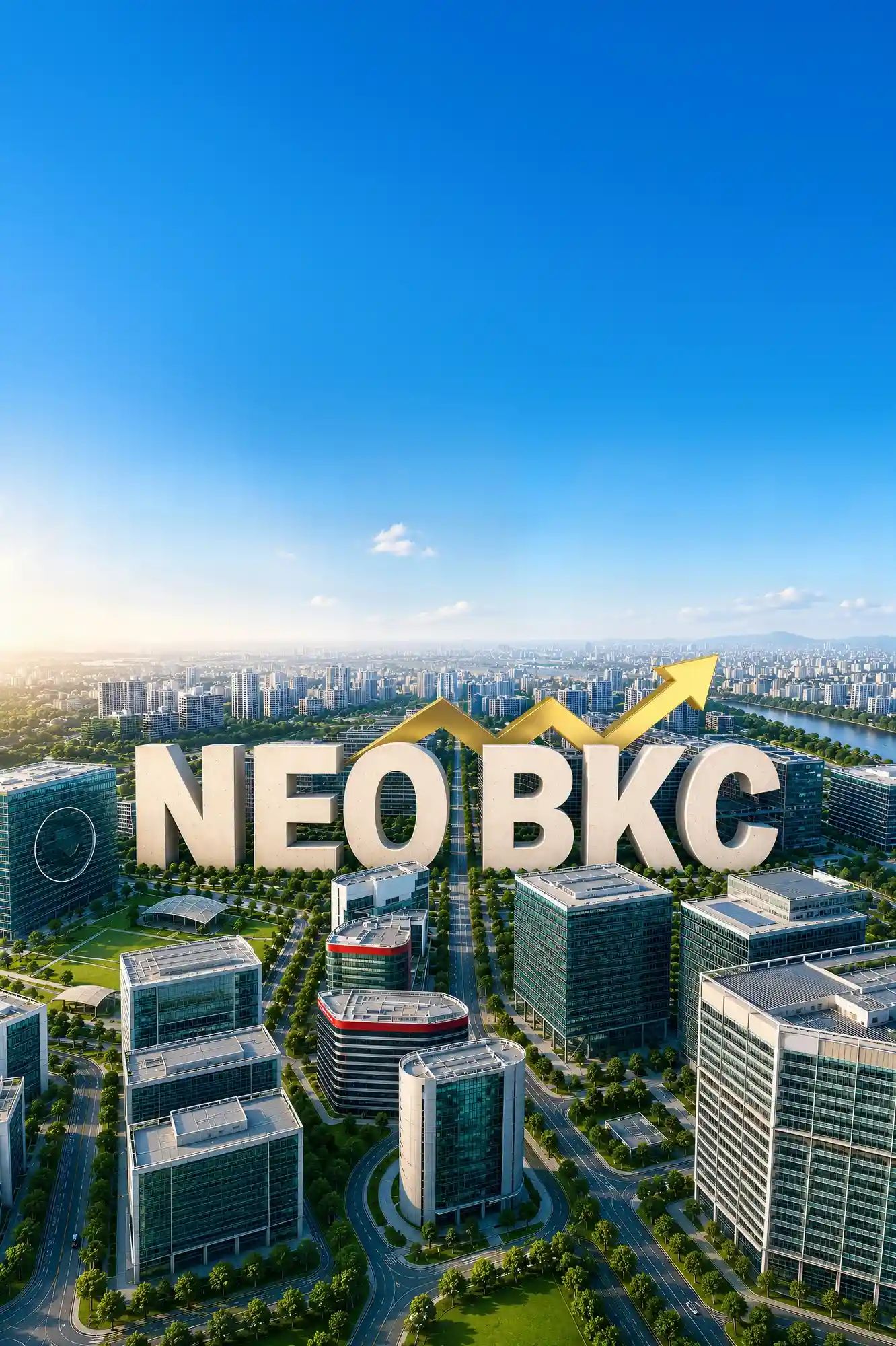 Aerial view of the Bandra Kurla Complex skyline with a rising growth arrow, marking Neo BKC as Avenor Park's location advantage