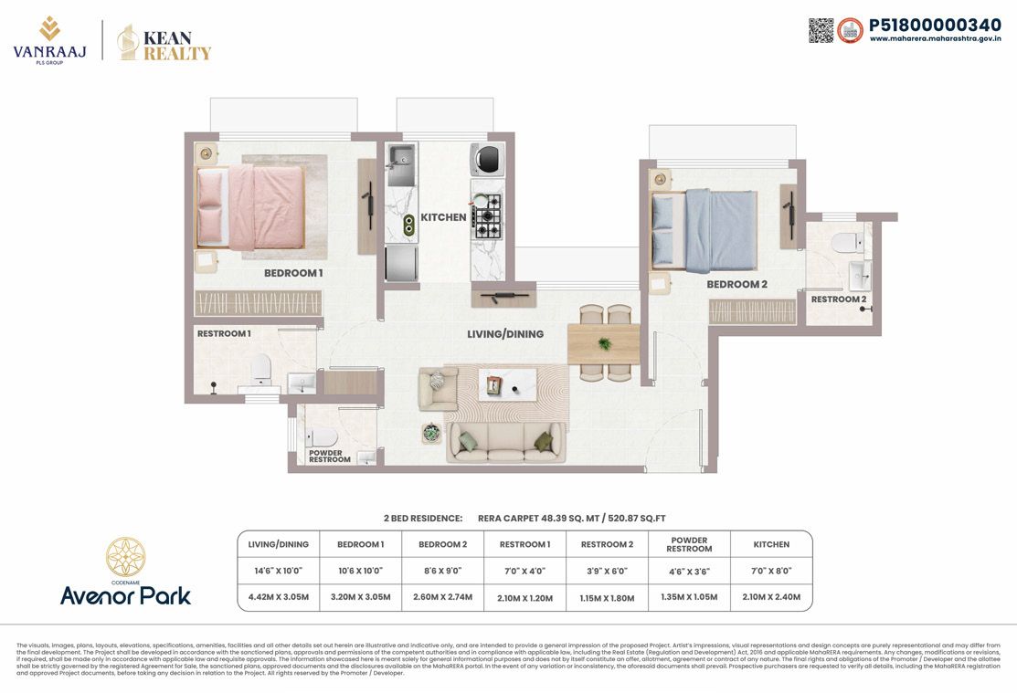 A 2 BHK floor plan showing the room schedule and RERA carpet area as printed on approved drawings