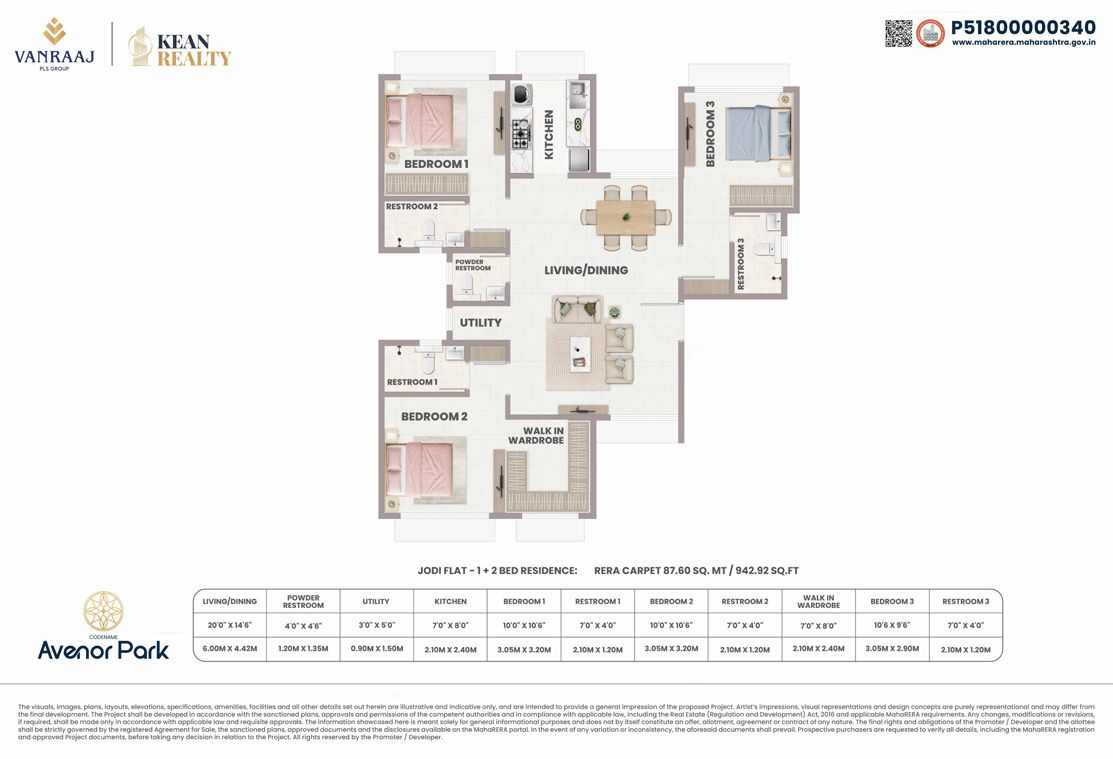 Jodi flat floor plan combining two apartments into a three-bedroom home at Avenor Park